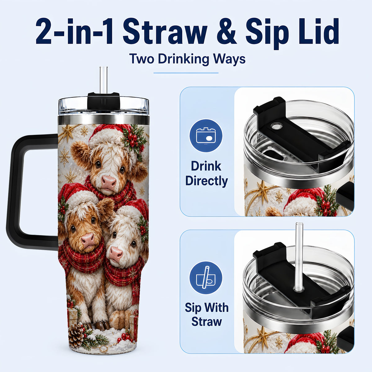 #pl[40oz|Black] Ornate Christmas Cow 40oz Tumbler with Handle, Winter Calves