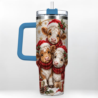 #pl[40oz|Blue] Ornate Christmas Cow 40oz Tumbler with Handle, Winter Calves