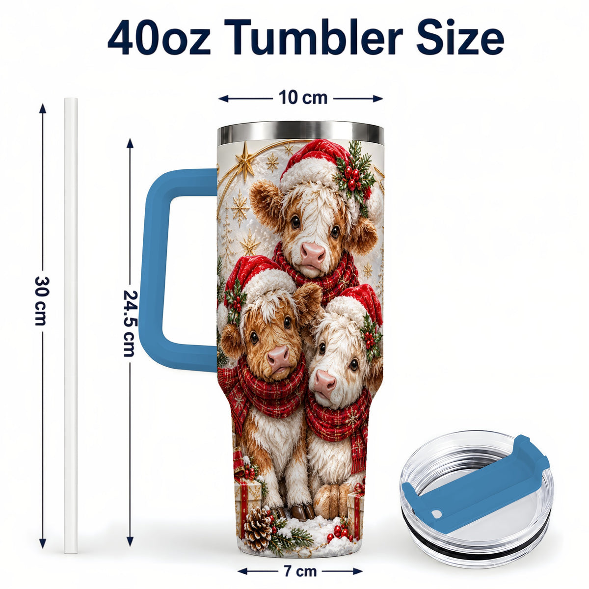 #pl[40oz|Blue] Ornate Christmas Cow 40oz Tumbler with Handle, Winter Calves