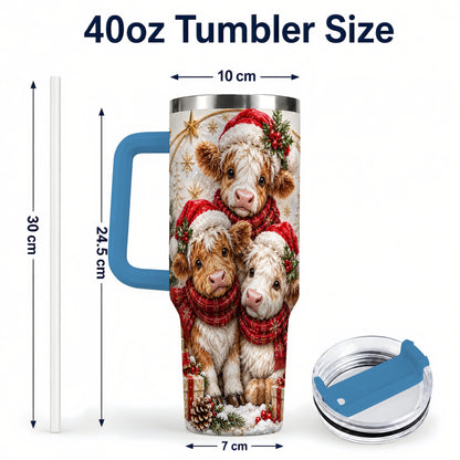 #pl[40oz|Blue] Ornate Christmas Cow 40oz Tumbler with Handle, Winter Calves