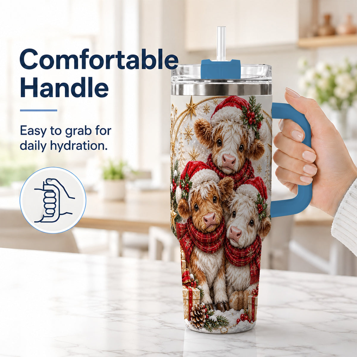 #pl[40oz|Blue] Ornate Christmas Cow 40oz Tumbler with Handle, Winter Calves