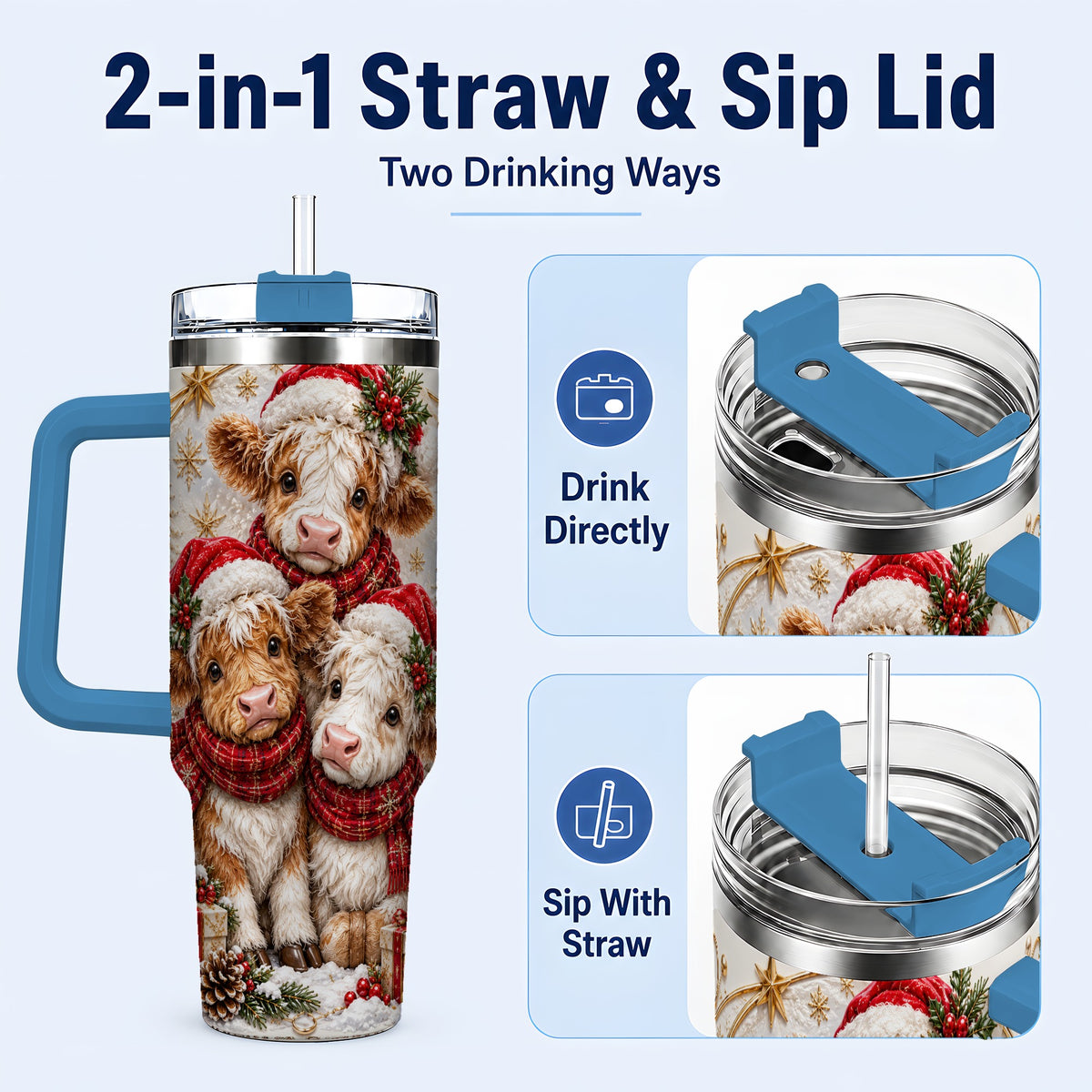 #pl[40oz|Blue] Ornate Christmas Cow 40oz Tumbler with Handle, Winter Calves