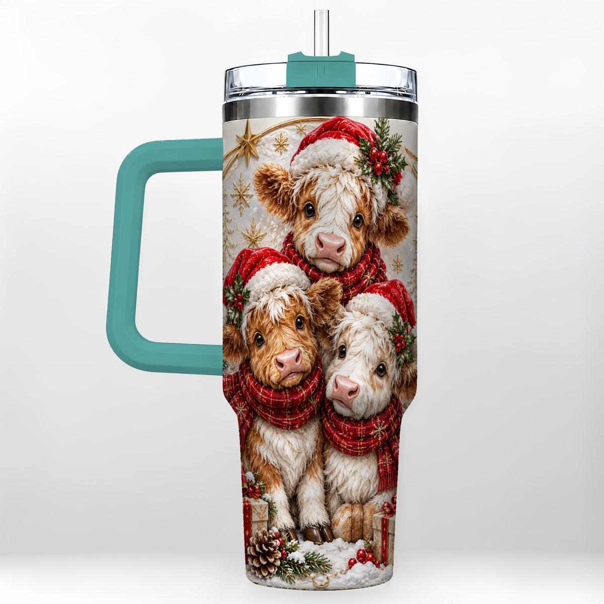 #pl[40oz|Green] Ornate Christmas Cow 40oz Tumbler with Handle, Winter Calves
