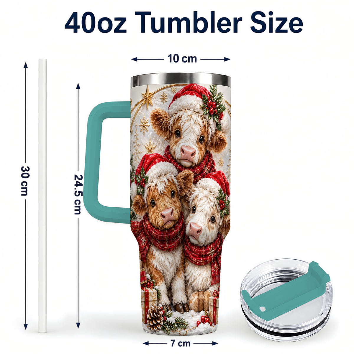 #pl[40oz|Green] Ornate Christmas Cow 40oz Tumbler with Handle, Winter Calves