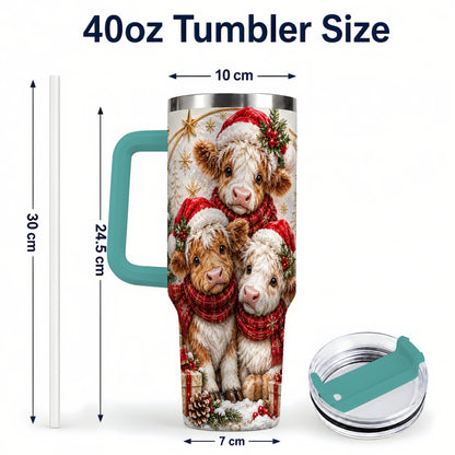 #pl[40oz|Green] Ornate Christmas Cow 40oz Tumbler with Handle, Winter Calves