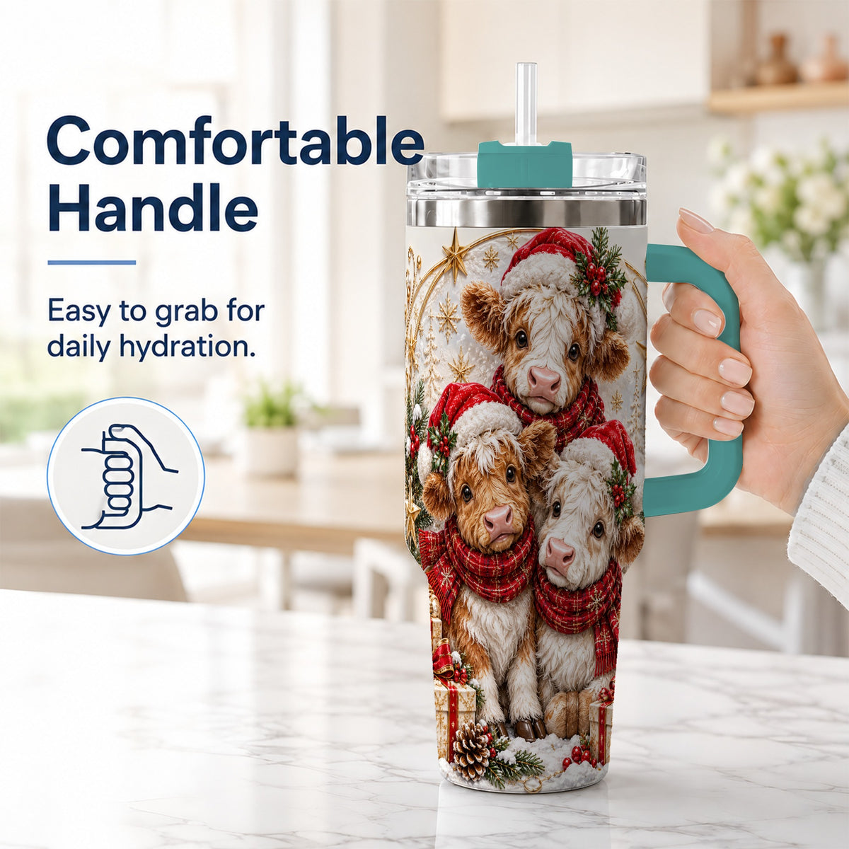 #pl[40oz|Green] Ornate Christmas Cow 40oz Tumbler with Handle, Winter Calves