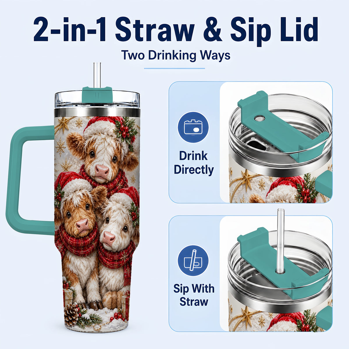 #pl[40oz|Green] Ornate Christmas Cow 40oz Tumbler with Handle, Winter Calves
