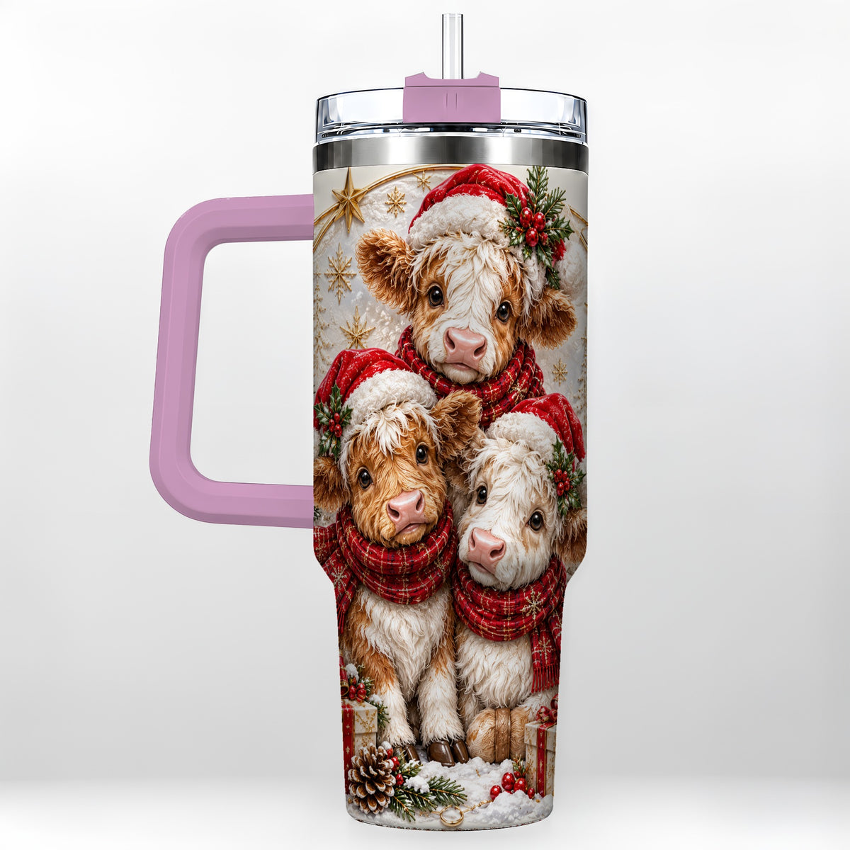 #pl[40oz|Pink] Ornate Christmas Cow 40oz Tumbler with Handle, Winter Calves
