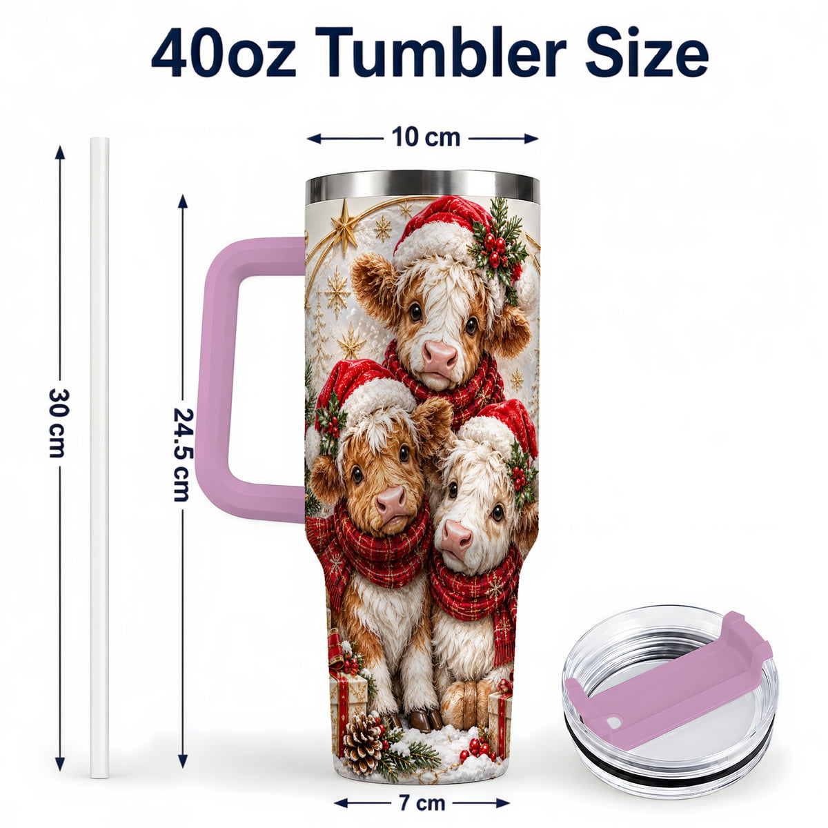 #pl[40oz|Pink] Ornate Christmas Cow 40oz Tumbler with Handle, Winter Calves
