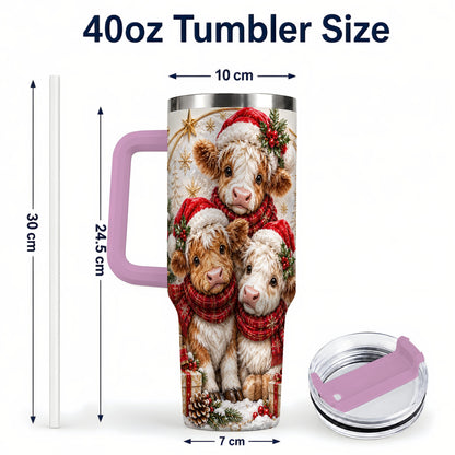 #pl[40oz|Pink] Ornate Christmas Cow 40oz Tumbler with Handle, Winter Calves