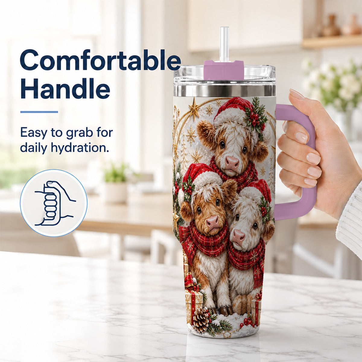 #pl[40oz|Pink] Ornate Christmas Cow 40oz Tumbler with Handle, Winter Calves
