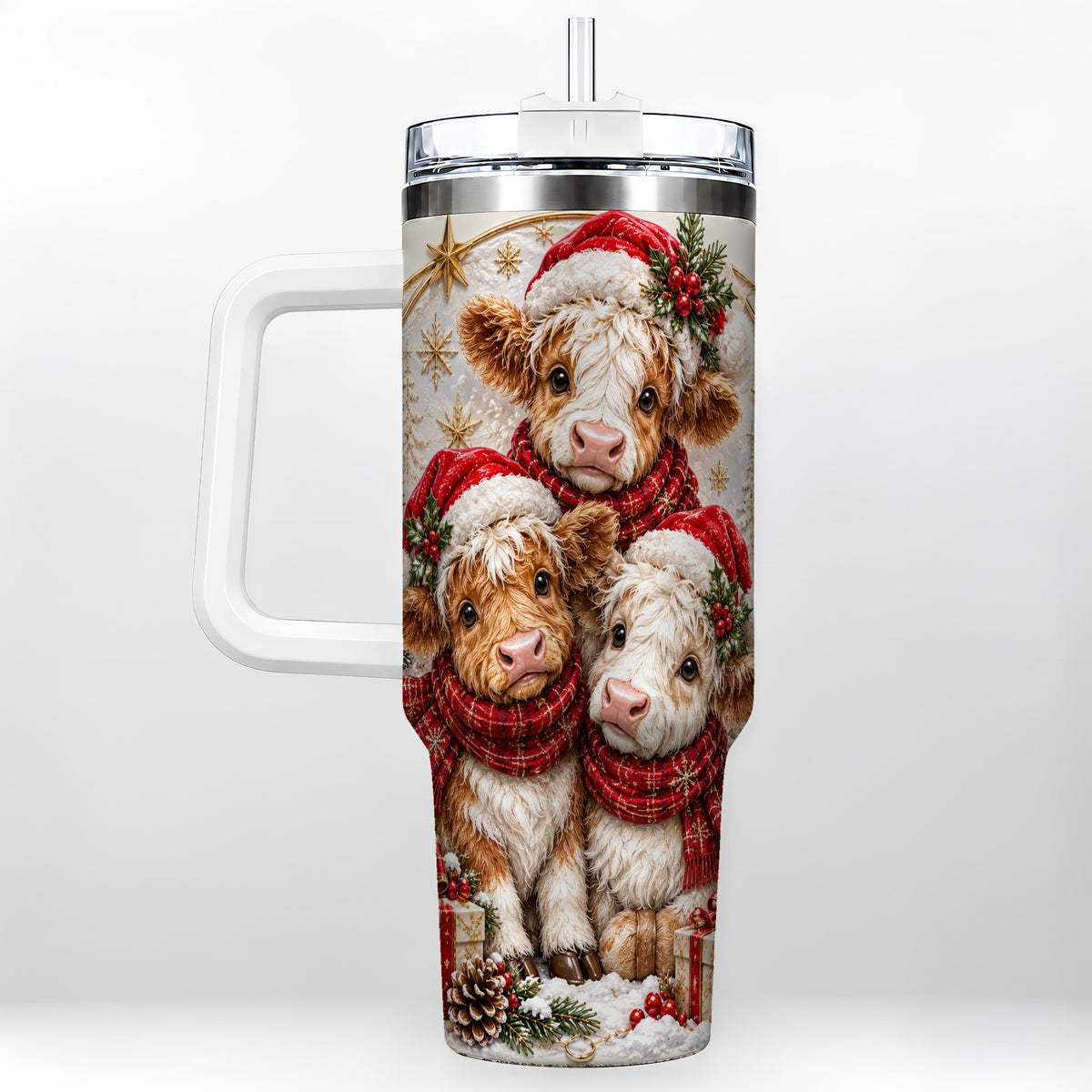 #pl[40oz|White] Ornate Christmas Cow 40oz Tumbler with Handle, Winter Calves