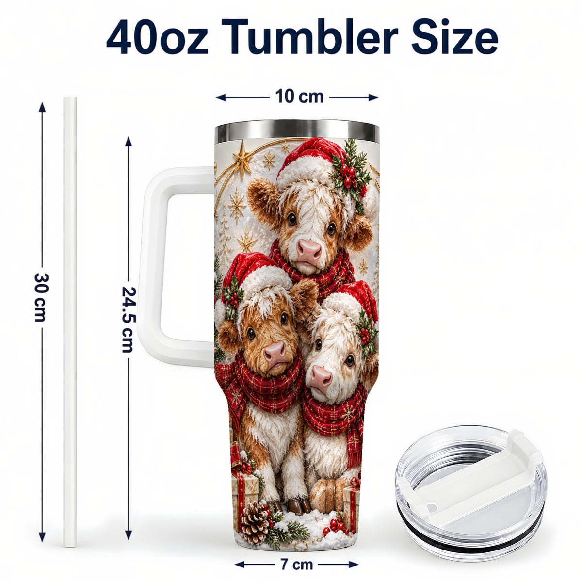 #pl[40oz|White] Ornate Christmas Cow 40oz Tumbler with Handle, Winter Calves
