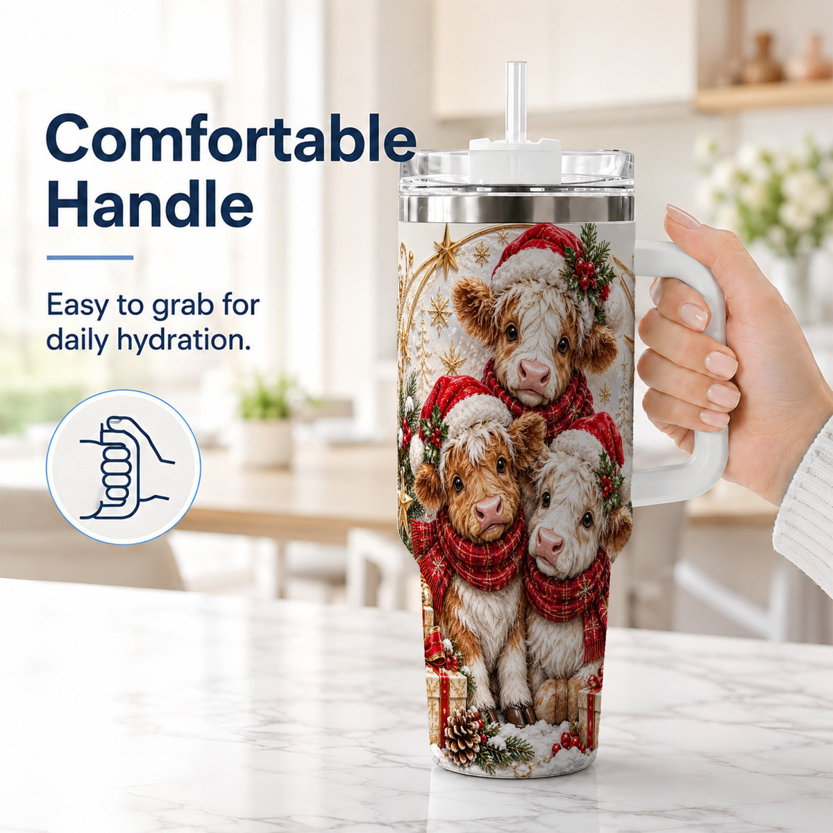 #pl[40oz|White] Ornate Christmas Cow 40oz Tumbler with Handle, Winter Calves