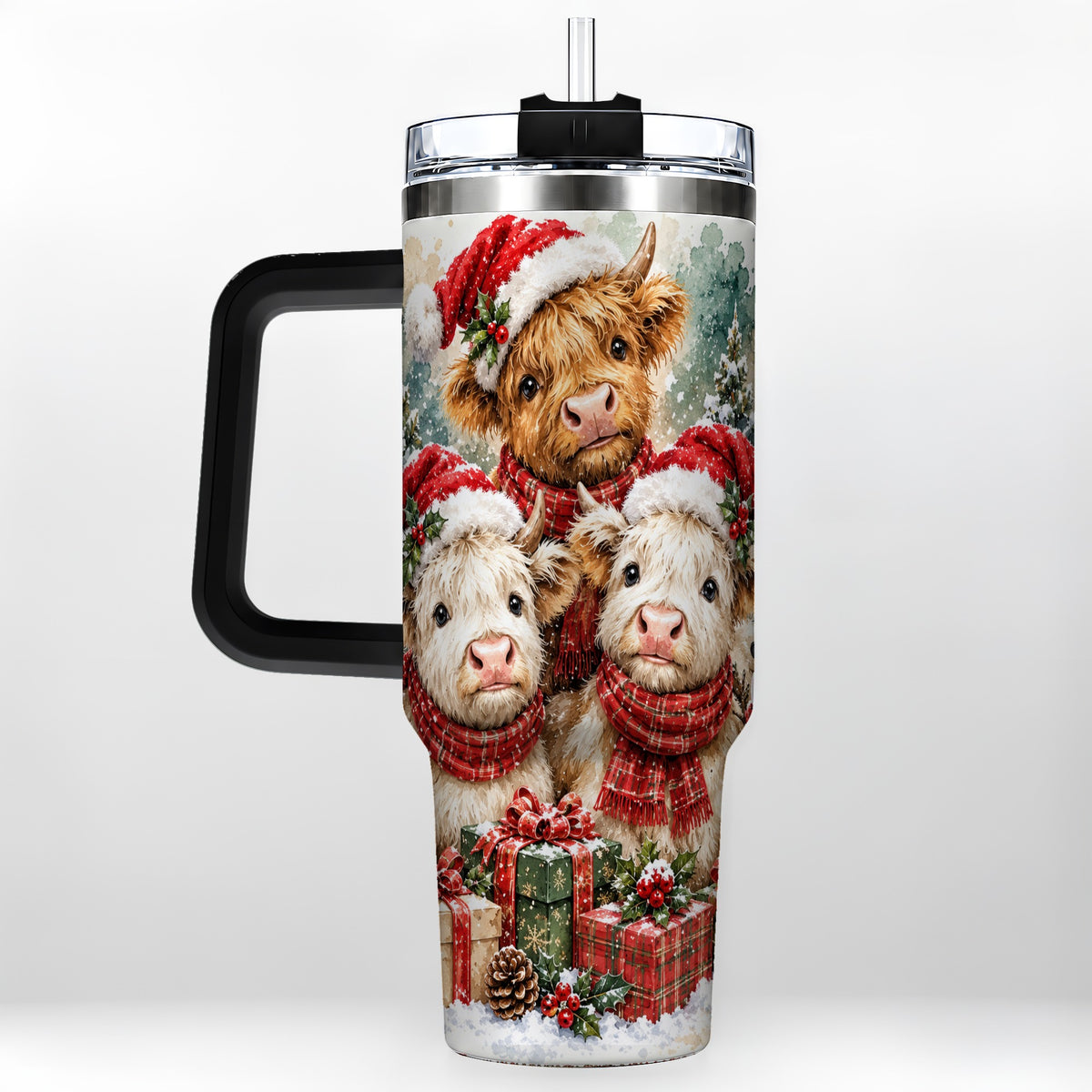 #pl[40oz|Black] Highland Cow Christmas 40oz Tumbler with Handle, Snowy Calves