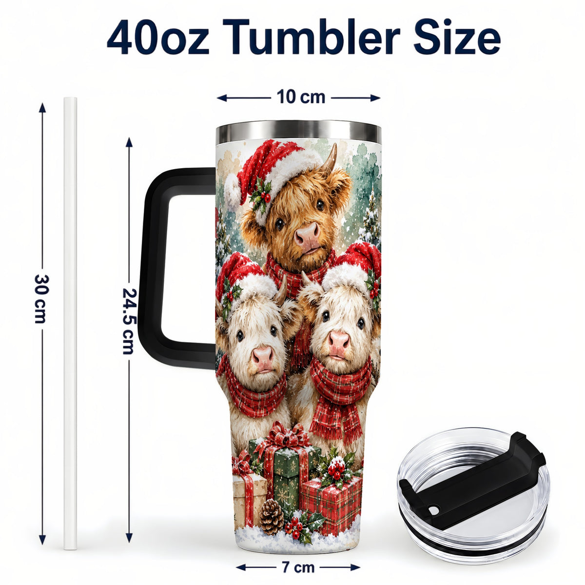 #pl[40oz|Black] Highland Cow Christmas 40oz Tumbler with Handle, Snowy Calves