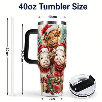 #pl[40oz|Black] Highland Cow Christmas 40oz Tumbler with Handle, Snowy Calves
