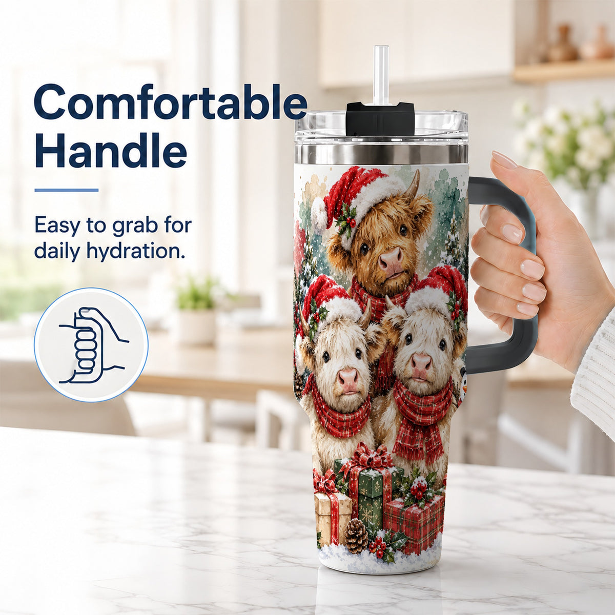 #pl[40oz|Black] Highland Cow Christmas 40oz Tumbler with Handle, Snowy Calves