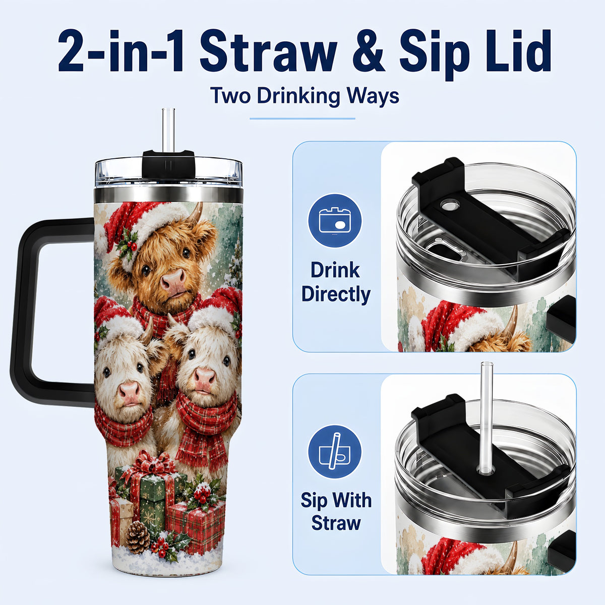 #pl[40oz|Black] Highland Cow Christmas 40oz Tumbler with Handle, Snowy Calves