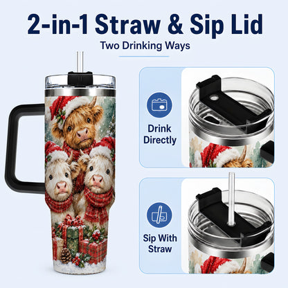 #pl[40oz|Black] Highland Cow Christmas 40oz Tumbler with Handle, Snowy Calves
