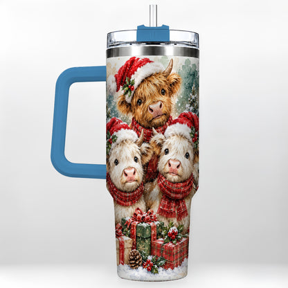 #pl[40oz|Blue] Highland Cow Christmas 40oz Tumbler with Handle, Snowy Calves