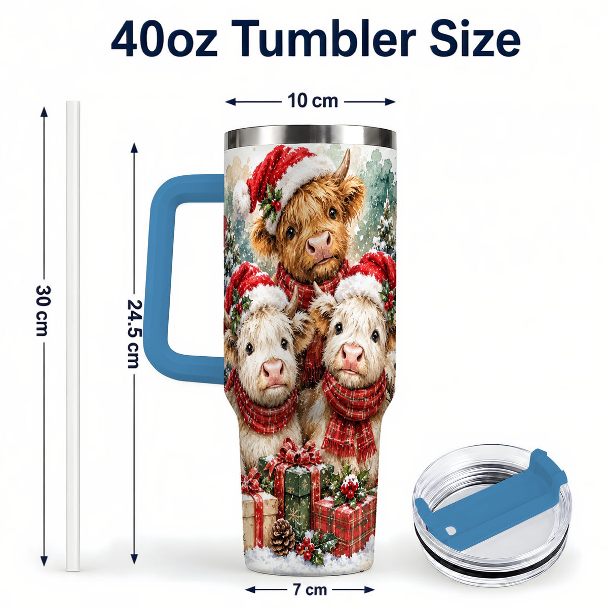 #pl[40oz|Blue] Highland Cow Christmas 40oz Tumbler with Handle, Snowy Calves