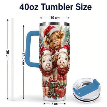 #pl[40oz|Blue] Highland Cow Christmas 40oz Tumbler with Handle, Snowy Calves