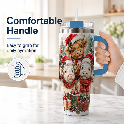 #pl[40oz|Blue] Highland Cow Christmas 40oz Tumbler with Handle, Snowy Calves