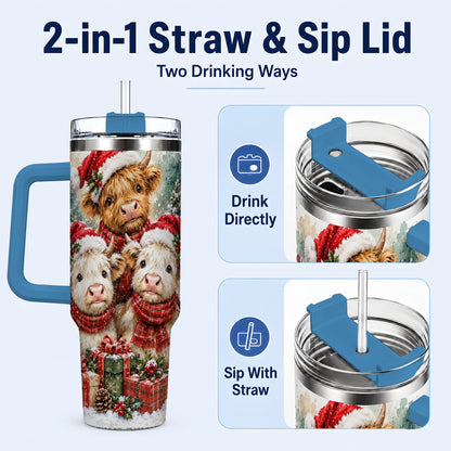 #pl[40oz|Blue] Highland Cow Christmas 40oz Tumbler with Handle, Snowy Calves