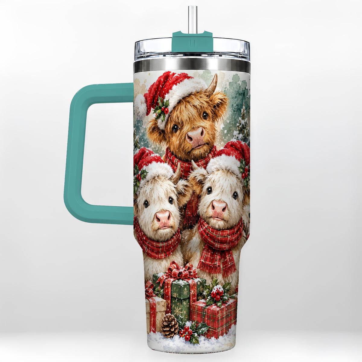 #pl[40oz|Green] Highland Cow Christmas 40oz Tumbler with Handle, Snowy Calves