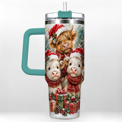 #pl[40oz|Green] Highland Cow Christmas 40oz Tumbler with Handle, Snowy Calves