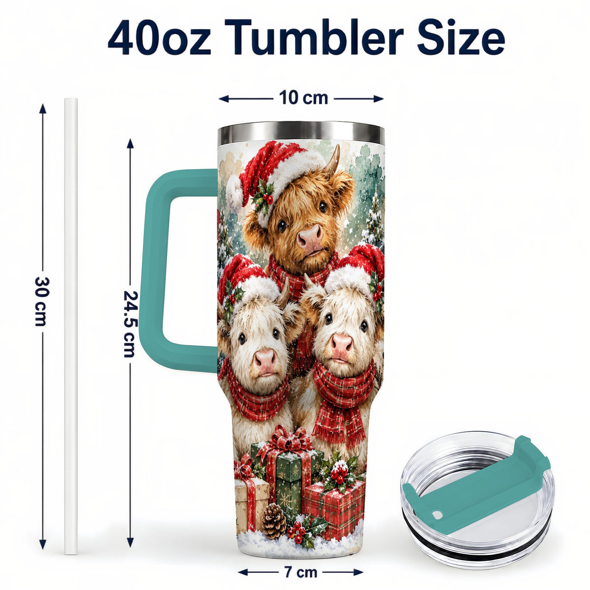#pl[40oz|Green] Highland Cow Christmas 40oz Tumbler with Handle, Snowy Calves