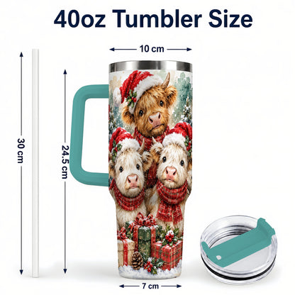 #pl[40oz|Green] Highland Cow Christmas 40oz Tumbler with Handle, Snowy Calves