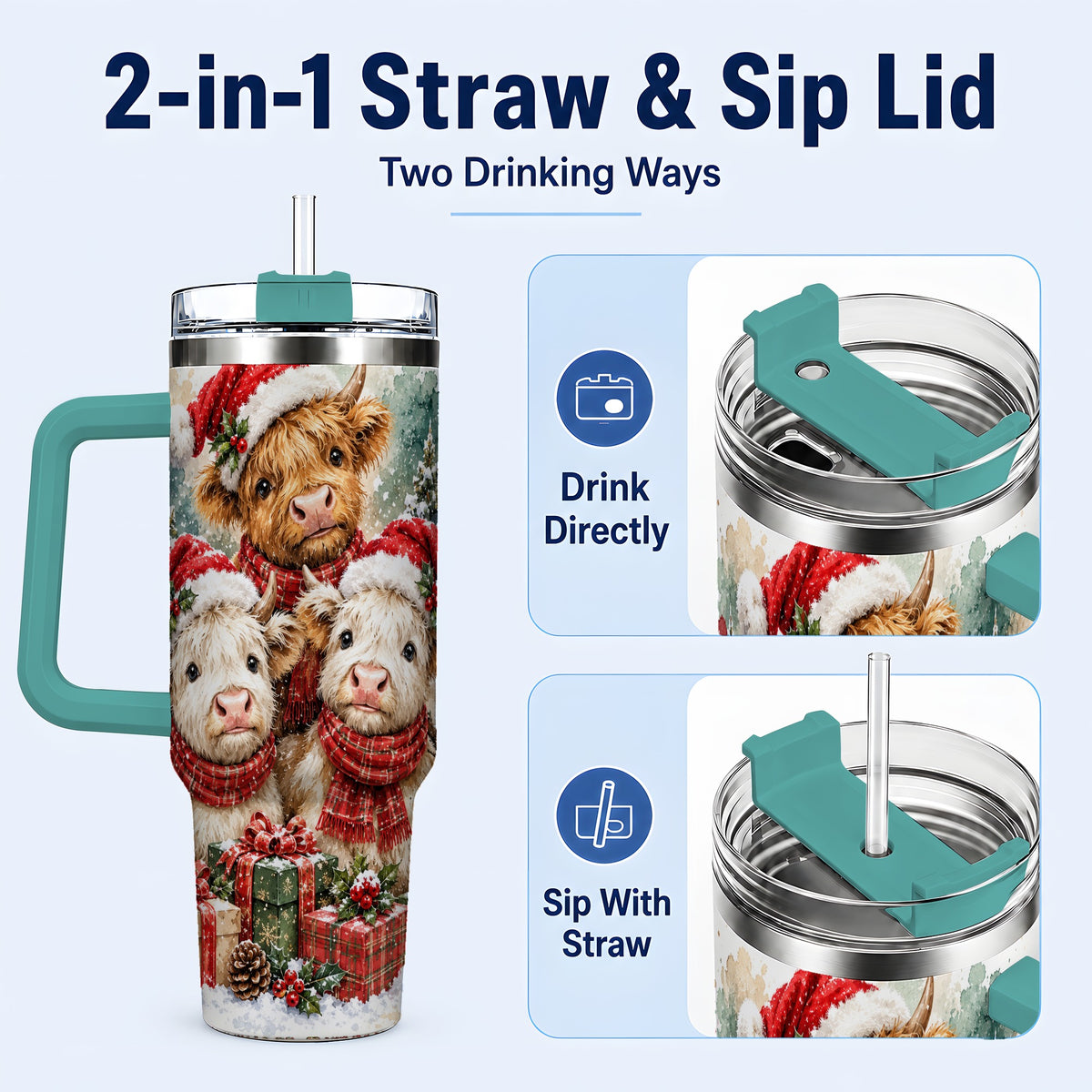 #pl[40oz|Green] Highland Cow Christmas 40oz Tumbler with Handle, Snowy Calves