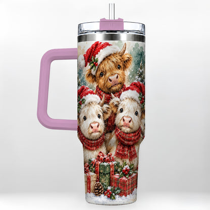 #pl[40oz|Pink] Highland Cow Christmas 40oz Tumbler with Handle, Snowy Calves