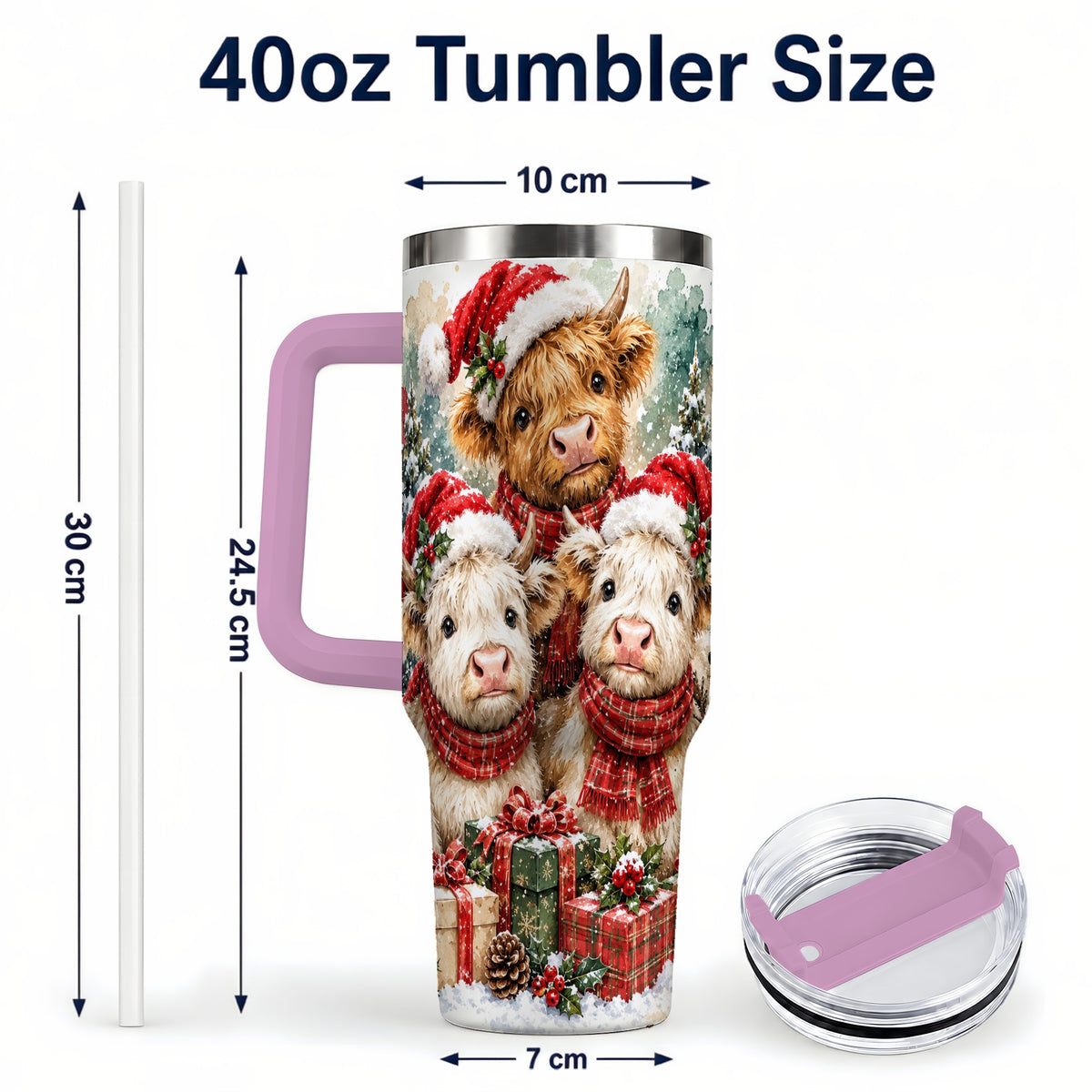 #pl[40oz|Pink] Highland Cow Christmas 40oz Tumbler with Handle, Snowy Calves