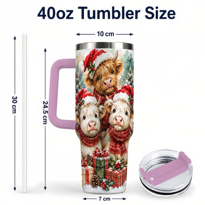 #pl[40oz|Pink] Highland Cow Christmas 40oz Tumbler with Handle, Snowy Calves