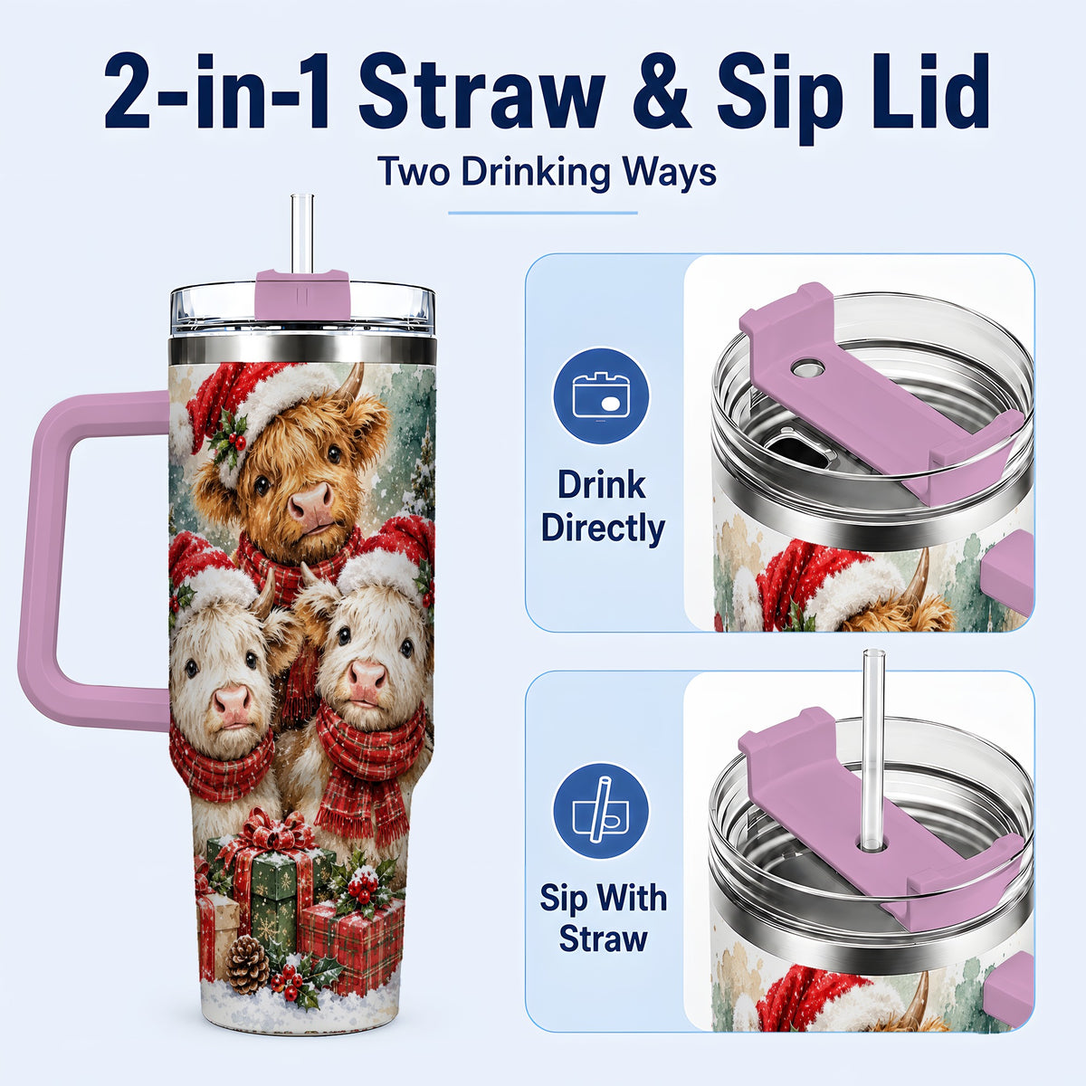 #pl[40oz|Pink] Highland Cow Christmas 40oz Tumbler with Handle, Snowy Calves