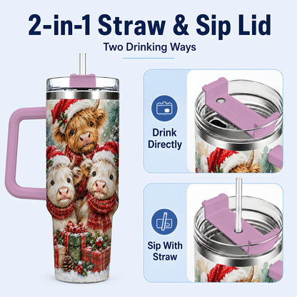 #pl[40oz|Pink] Highland Cow Christmas 40oz Tumbler with Handle, Snowy Calves