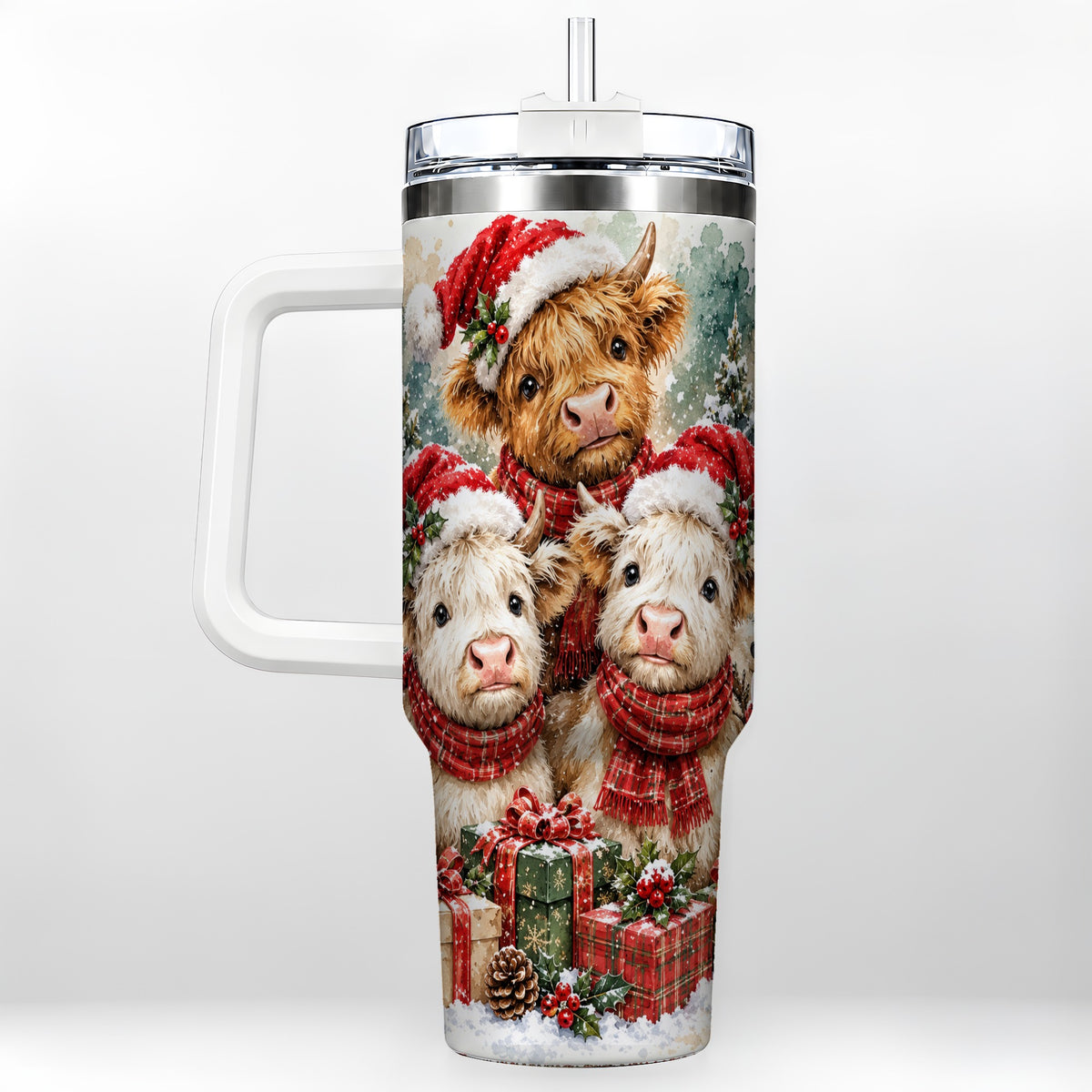 #pl[40oz|White] Highland Cow Christmas 40oz Tumbler with Handle, Snowy Calves