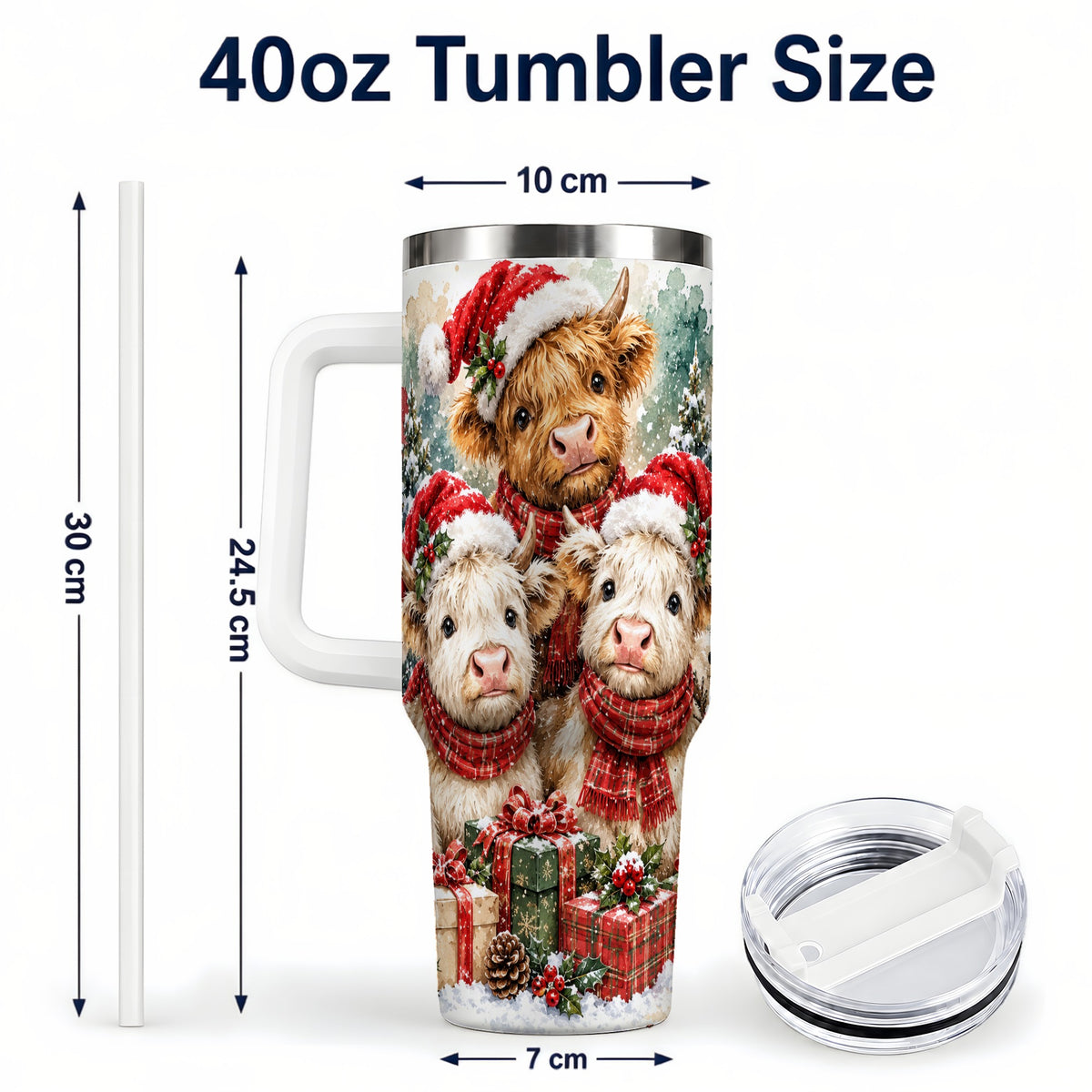 #pl[40oz|White] Highland Cow Christmas 40oz Tumbler with Handle, Snowy Calves