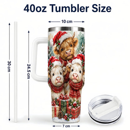 #pl[40oz|White] Highland Cow Christmas 40oz Tumbler with Handle, Snowy Calves
