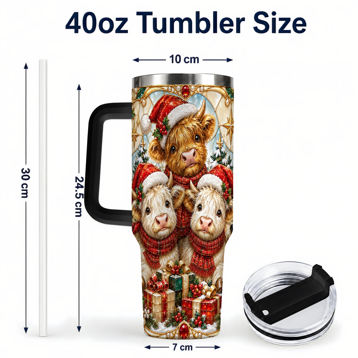 #pl[40oz|Black] Stained Glass Cow 40oz Tumbler with Handle, Christmas Calves