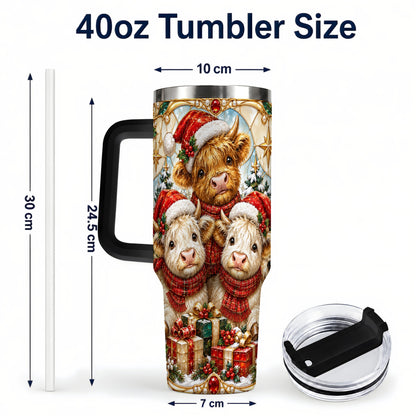 #pl[40oz|Black] Stained Glass Cow 40oz Tumbler with Handle, Christmas Calves