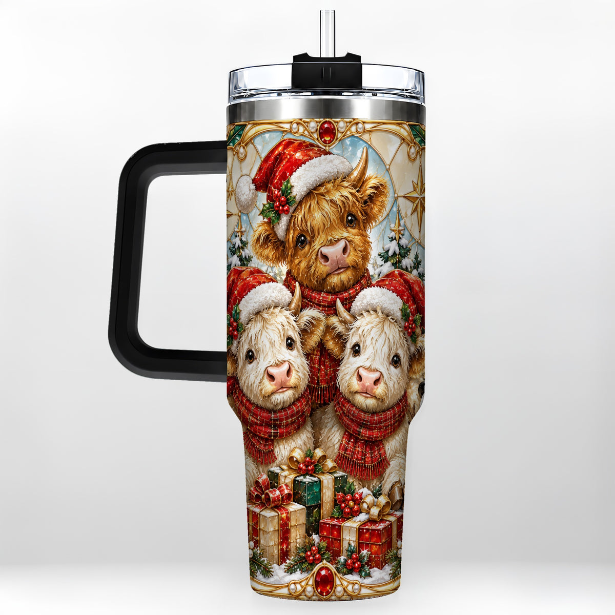 #pl[40oz|Black] Stained Glass Cow 40oz Tumbler with Handle, Christmas Calves
