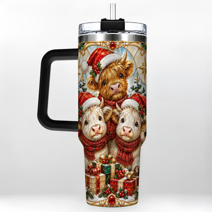 #pl[40oz|Black] Stained Glass Cow 40oz Tumbler with Handle, Christmas Calves