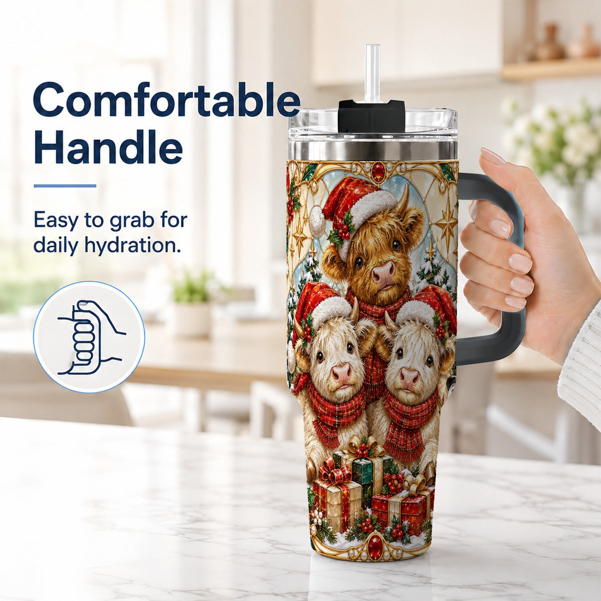 #pl[40oz|Black] Stained Glass Cow 40oz Tumbler with Handle, Christmas Calves