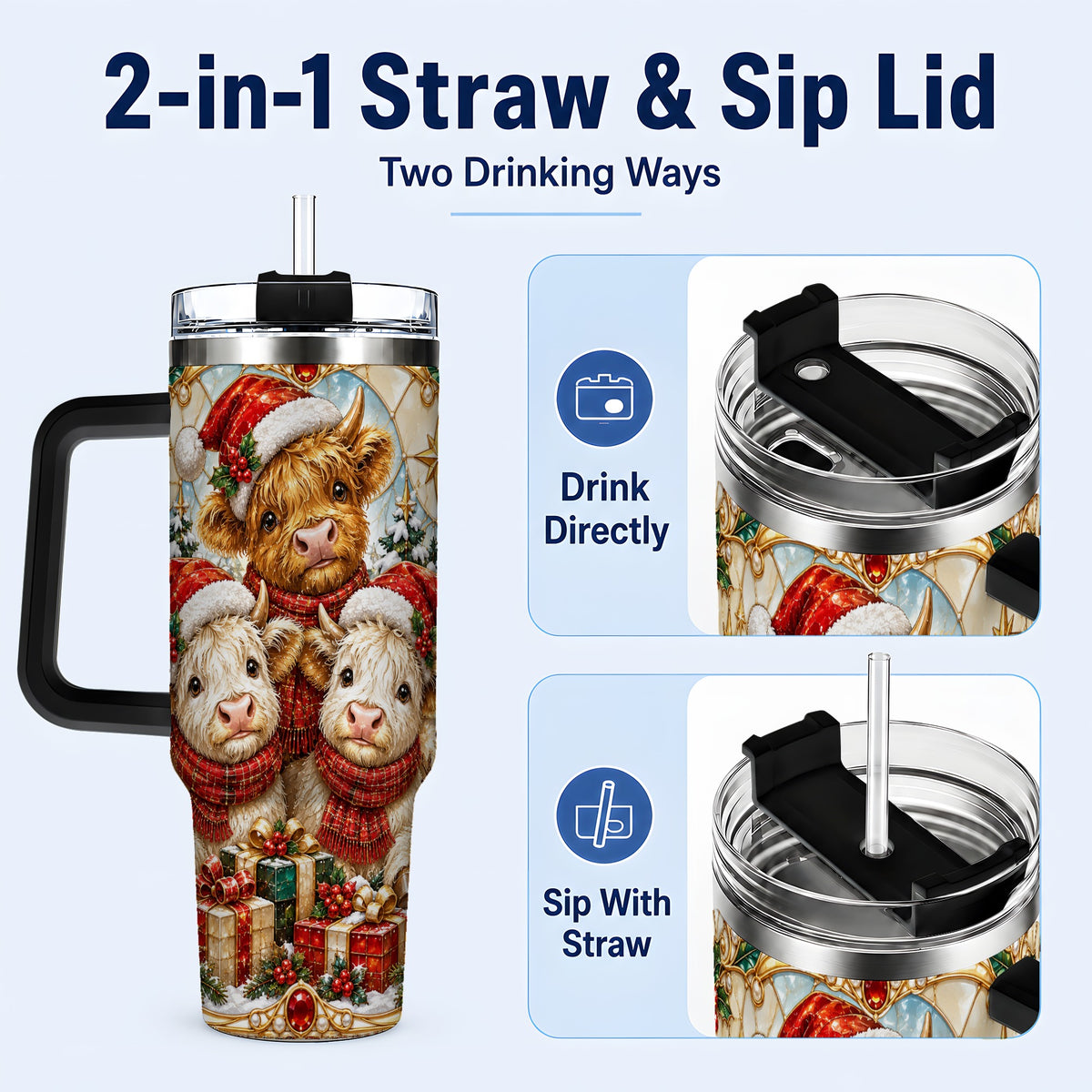 #pl[40oz|Black] Stained Glass Cow 40oz Tumbler with Handle, Christmas Calves