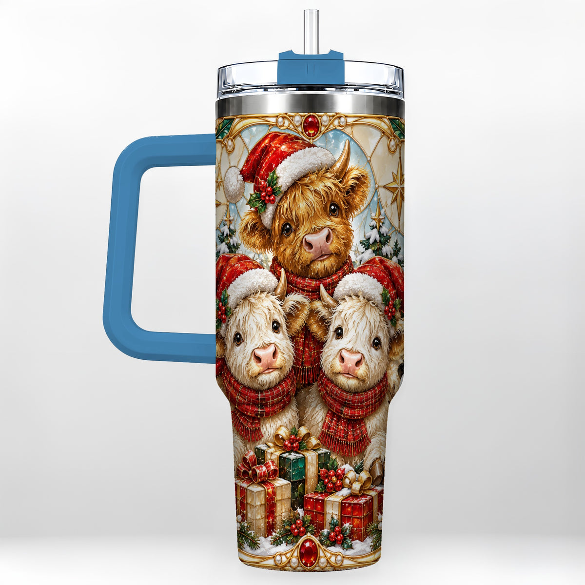#pl[40oz|Blue] Stained Glass Cow 40oz Tumbler with Handle, Christmas Calves