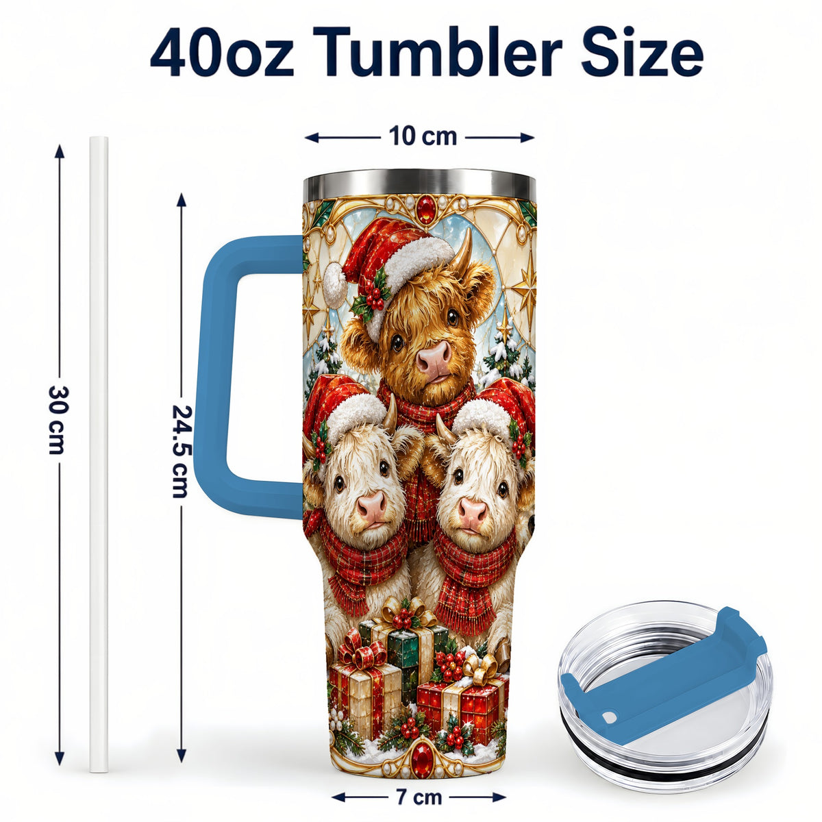 #pl[40oz|Blue] Stained Glass Cow 40oz Tumbler with Handle, Christmas Calves